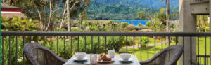 Table and chairs on balcony with tropical views