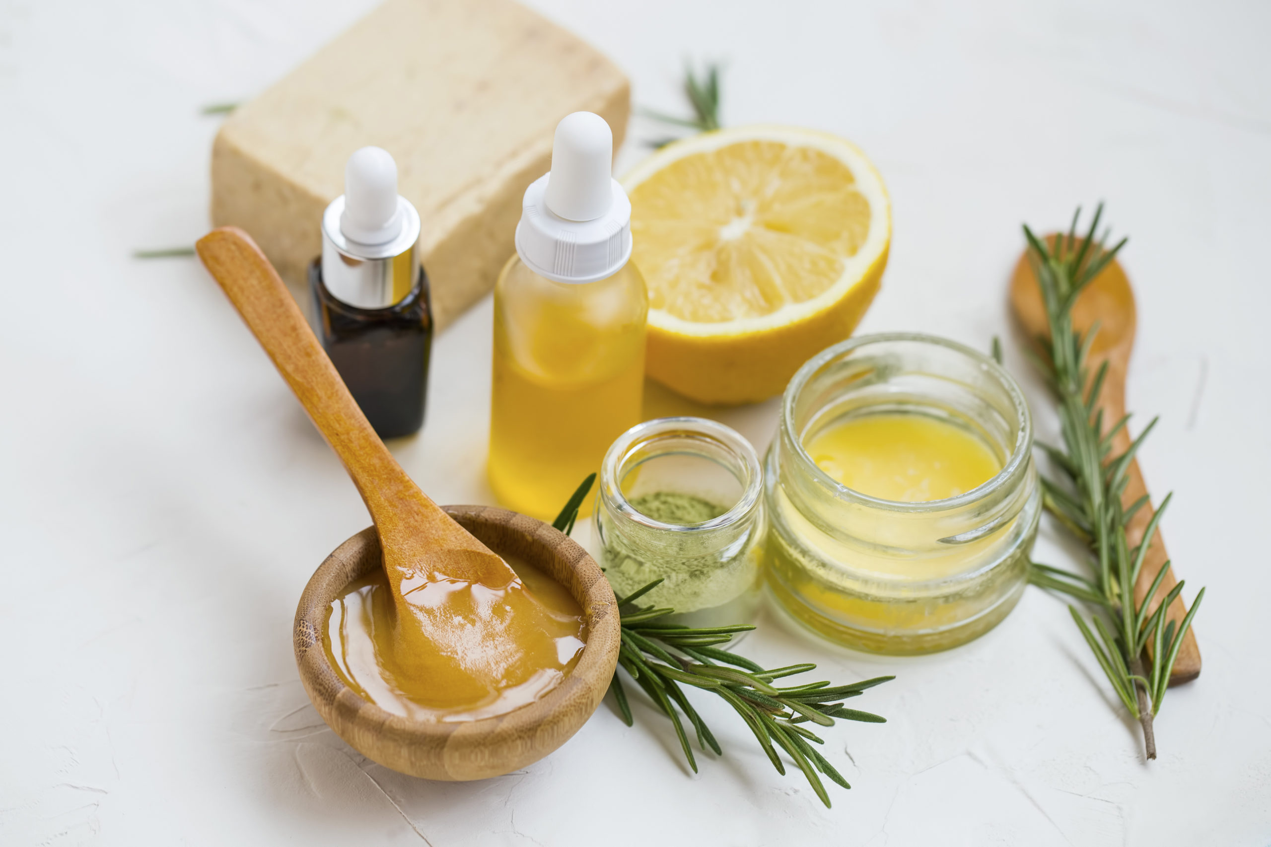 Natural skincare ingredients with manuka honey, lemon, essential oil, clay,  balm, rosemary herbs and natural soap, healthy wellness and spa products ,  natural homemade ingredients - Hanalei Bay Resort