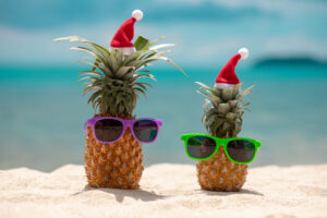 2 pineapples on the beach with sunglasses and santa hats on