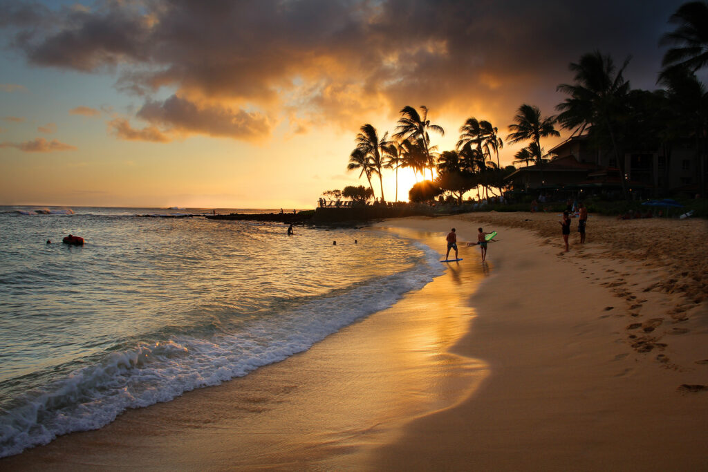 Sunset on the beach, Poin of poipu, Kauai, Hawaii